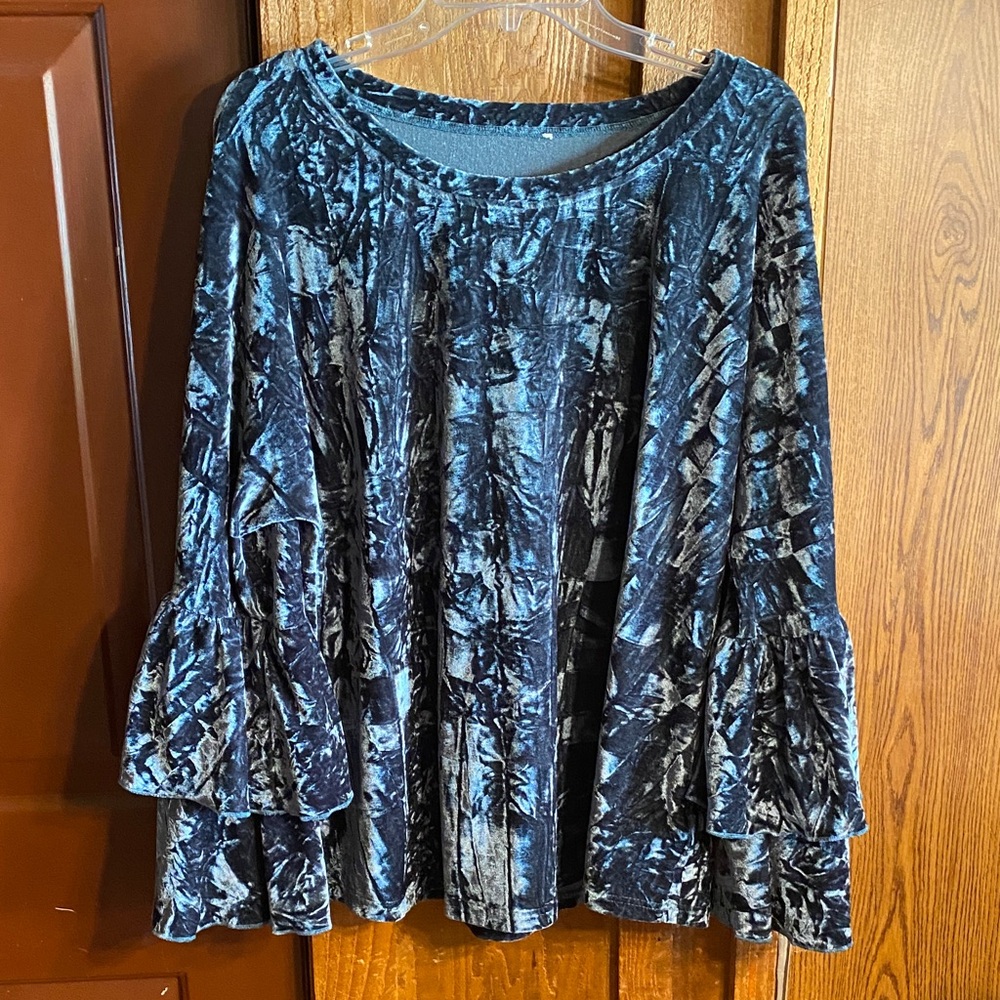 Women's Crushed Velvet Ruffle Sleeve Top - Blue